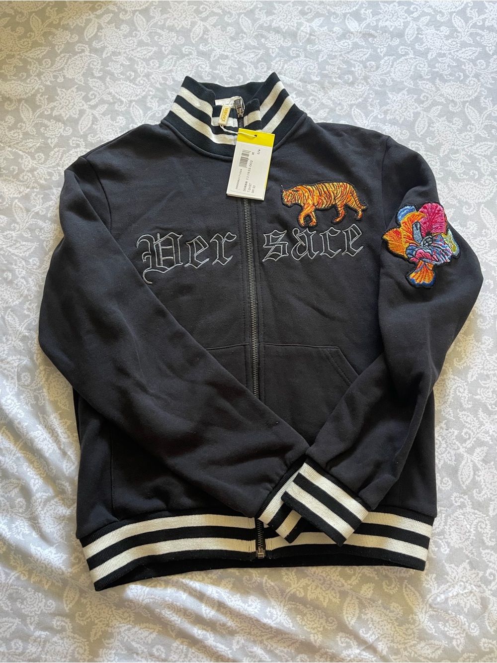 Versace Black Track Jacket with Embroidered Tiger and Gothic Script